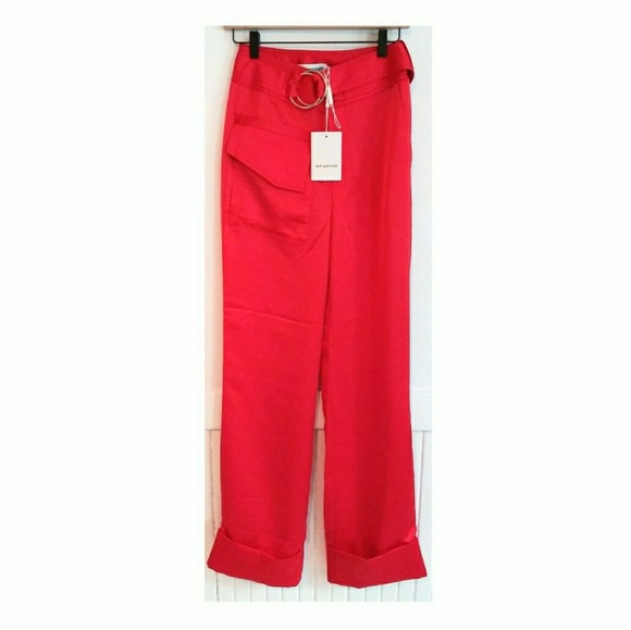 Self Portrait Belted Cuff Satin Red Trouser - Picture 2 of 5